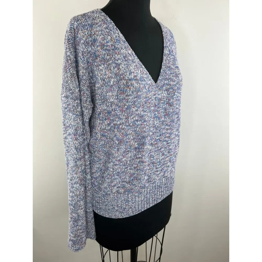 J Crew Blue Purple Marled Knit Flare Sleeve V-Neck Cotton Blend Sweater Size L